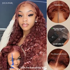 Julia Hair Water Wave Pre Everything Glueless Wig Reddish Brown 13x4 Pre Cut Lace Front Wigs Human Hair For Beginner Pre Bleached Bye Bye Knots Wig Pre Plucked Put on and Go Copper Red Color 22 Inch