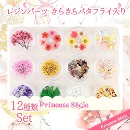 Princess-style Resin Parts with Glittering Butterfly, Nail Resin, Pressed Flowers, Set of 12