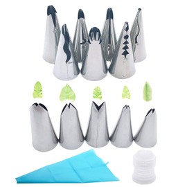 Markeny 5 Pcs Leaf DIY Decor Baking Tool 7 Pcs Russian Piping Tips Stainless Steel Piping Nozzles Kit with 1 Silicone Pastry Bags, 1 Plastic Coupler for Cupcakes and Backing Cookies (14 Pcs)
