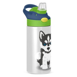Siberian Husky Puppy Kids Water Bottle with Straw and Carry Handle Cute Dog Vacuum Insulated Stainless Steel Bottles 12 oz Green Lid Leak-Proof for Boys Girls Toddler 4-8 Years Old