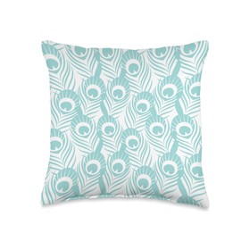 African Animal Prints Supply Co. Cute Blue Green Pastel Peacock Print Pattern Design White Throw Pillow, 16x16, Multicolor