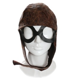 Adults Aviator Hat - Brown 1940s Distressed Leather Look Aviator Cap With Attached Pair of Goggles - WW2 Pilot Fancy Dress Costume Accessory - Pack Of 1