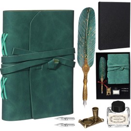 Mooliwe 6 Pcs Vintage Leather Bound Journal Feather Pen Set Christmas Gifts 220 Pages Vintage Journal Diary Leather Notebook Feather Pen in Gift Box(Dark Green)