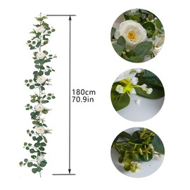 Woenika 5.9ft Eucalyptus Garland Artificial with Flowers-6 White Roses Fake Vine for Wedding Arch Bridal Shower Decorations Flower Table Runner Garden Background Engagement Ceremony Reception Decor
