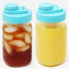 Brewing America Glass Mason Jar Pitcher with Lid - Ball Jars, 1 Quart (32 oz) with Teal Wide Mouth Mason Jar Pour Lid, for Smoothie, Boba Cup, Sun Tea Jar, Cold Coffee Glass Tumbler, 2-Pack