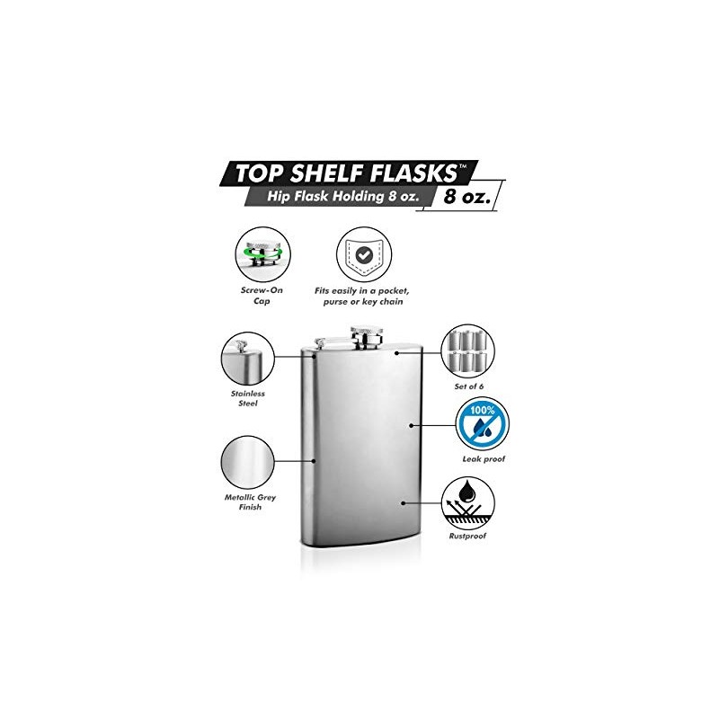 Top Shelf Flasks Stainless Steel Hip Flasks, 8 oz, Set