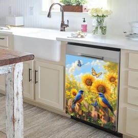 Blue Birds Magnet Dishwasher Cover, Butterfly Sunflower Panels, Garden Flowers Dishwasher Magnetic, Refrigerator Door Decals Kitchen Cabinets Appliance Decor 23Wx26H Vinyl Sticker