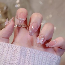 Nail Tips, Long, Fake Nails, 24 Pieces, Glittery, Glossy, 3D, Korean, Popular, Stylish, Gel Nails, Nail Stickers, Cute, Long, Bridal Nails, Handmade Nail Tips, Double-Sided Tape, Butterfly, 3D Fake