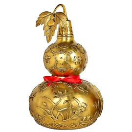 Wenmily Feng Shui Golden Brass Good Luck Wu Lou/Hu Lu/Gourd with Dragon Pattern Statue + Free Set of 10 Lucky Charm Ancient Coins on Red String, Chinese Charm of Prosperity Home Decoration Gift