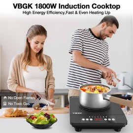 VBGK Single Burner Induction Cooktop,1800W Portable Induction Cooktop,110V Induction Hot Plate with LCD Sensor Touch, 7 Temp Levels up to 518°F, Safety Lock, 4-Hour Timer, 9 Heat-Resistant Cooking