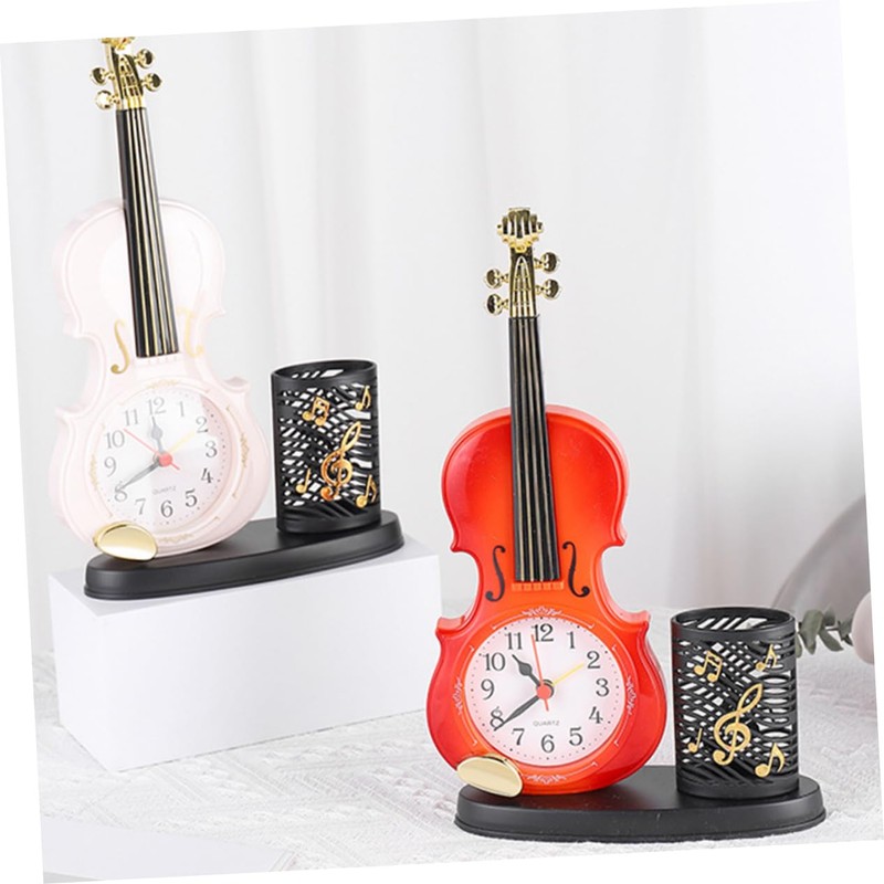 STOBAZA Violin Model Clock Pen Holder Unique Decorative Alarm Clock