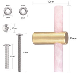 mookaitedecor Set of 4 Rose Quartz Crystal Wand Drawer Knobs and Pulls Stone Cabinet Knobs Brass Handles for Kitchen Dresser Door Decor