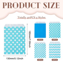 Boutigem 40Pcs Blue Kraft Paper Bags Flat Party Favor Treat Bags Small Snack Bags Polka Dot Wave Stripe Pattern Food Storage Bags Cookie Candy Buffet Bags for Festival Party Wedding, 7.09 x 5.12 Inch