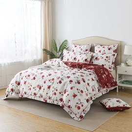 FADFAY Reversible Duvet Cover Set Queen Shabby White and Red Rose Floral Bedding Vintage Farmhouse Bedding 800 Thread Count 100% Egyptian Cotton Bedding Set with Hidden Zipper Closure 3Pc, Queen Size