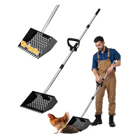 QULUXAO Chicken Poop Scooper & Rake 2-in-1 with Ergonomic Grip, Adjustable Length (22"–61.5"), Metal Sifting Shovel with Holes for Chicken Coop Cleaning, Multifunctional Chicken Manure Scoop
