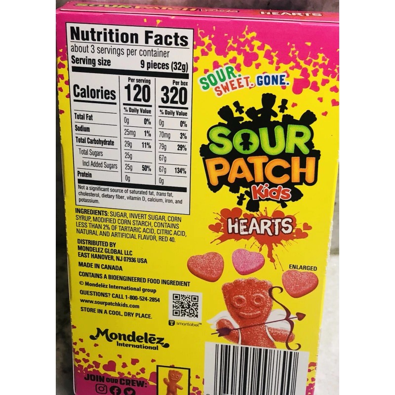 Sour Then Sweet Sour Patch Kids Hearts. 3.1 oz. Soft/Chewy