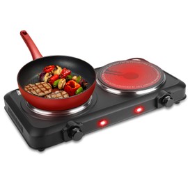 1800W Electric Hot Plate for Cooking, Dual Control Infrared Burner Cooktop Portable Heating Hot Plate Stove Countertop RV Hotplate with Glass Cooktop Stepless Temperature Adjustments for Home Camp
