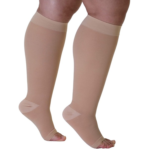 4XL Mojo Opaque Compression Socks Extra X-Wide Calf 20-30mmHg Knee-Hi Bariatric Plus Size Support Stockings - Open Toe - Beige XXXX-L