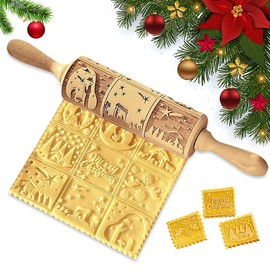 Christmas Rolling Pin, 3D Embossing Rolling Pin, Wooden Rolling Pin with Pattern, Embossing Rolling Pin Baking Accessories, Embossed Rolling Pin for Homemade Bakery Pastry Cookie