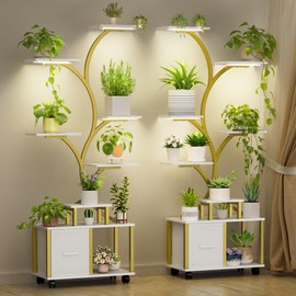 65" Plant Stand with Grow Light, 9-Tier Indoor Plant Shelf with Drawer, Corner Shelf Stand for Indoor Plants, Space-Saving Metal Plant Holder with Adjustable Lighting, Gold, 2Pack