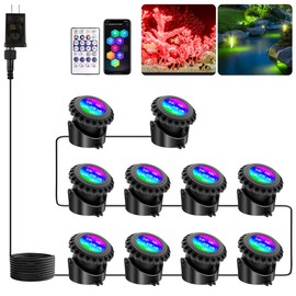 T-SUN Underwater LED Pond Lights – IP68 Waterproof Submersible Fountain Lights with Bluetooth App & Remote, 16 Million Colors Underwater Lighting for Koi Ponds/Garden Water Features Aquarium (10-Pack)