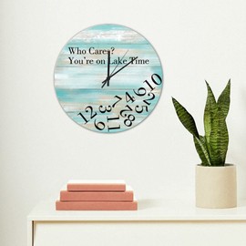 Who Cares You're on Lake Time Clock Vacation Gift Funny Wall Clock Distressed Board Print Rustic Wall Clock 10 Inch Vacation Retirement Clock Home Decor Lake House Decor