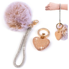 HONYJOOM Cute Keychains for Women, Sparkly Rhinestone Heart Key Chain with Puff Ball Keychain, Girls Purse Bag Charms, Bling Keychains Wristlet