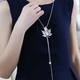 Zeshimb Rhinestone Crystal Leaf Necklace Elegant Cubic Zirconia Maple Pearl Pendant Y Necklace Vintage Silver Y Lariat Necklace Long Sweater Chain Statement Necklace Costume Jewelry for Women