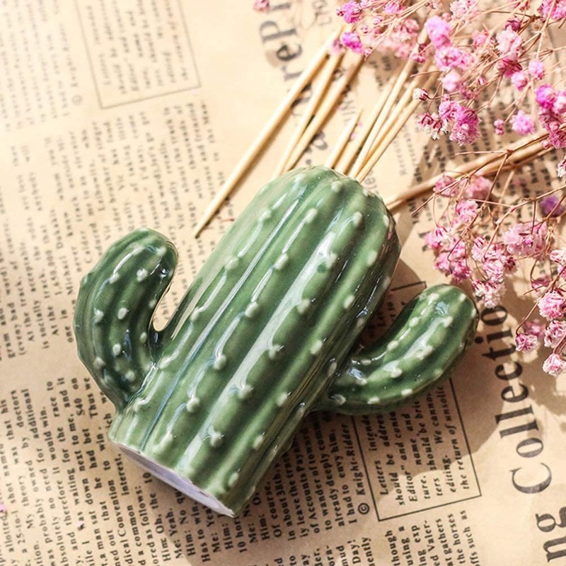 KiaoTime Ceramic Toothpick Holder Dispenser, Novelty Cute Cactus Design Toothpick