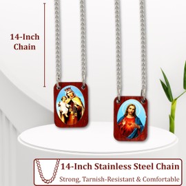 Catholica Shop Catholic Religious Wear Scapular Necklace with Stainless Steel Chain & Cherry Wood Color Pendants - 14 Inch (Colored Icons)