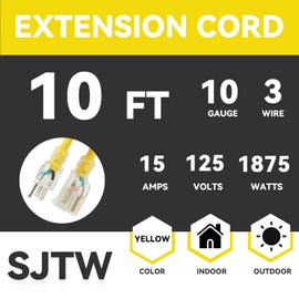 EP 10 Ft Lighted Outdoor Extension Cord - 10/3 SJTW Heavy Duty Yellow Extension Cable with 3 Prong Grounded Plug for Safety, UL Listed
