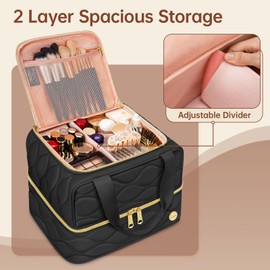 YOREPEK Travel Makeup Organizer Bag, 2-Layer Cosmetic Bags for Women, Portable Makeup Box Cases for Daily Use, Skincare, Brushes, Powders, Palettes, Makeup Tools– cosmetiquera para maquillaje，Black
