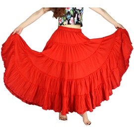 YSJERA Women's Cotton 5 Tiered A Line Pleated Maxi Skirt Long Boho Gypsy Dance Skirts (XL,Red)