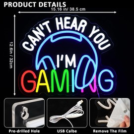PMCVYH Gaming Neon Sign for Wall Decor, Can't Hear You I'm Gaming Led Sign for Game Zone, USB Dimmable Headset Gamer Neon Light for Bedroom Video Games Party Boy Room Man Cave Home Decoration