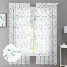 Tollpiz - Cortinas traslúcidas de hojas azules verde azulado con bordado de hojas para recámara, cortina corta con bolsillo para barra de gasa para sala de estar, 38 x 54 pulgadas de largo, juego de 2