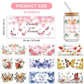 GOMAKERER 10 Sheets Flower Butterfly UV DTF Cup Wrap for 16OZ Glass, Beauty is All Around Rub on Decals Aesthetic Spring Transfer Stickers for DIY Cups Bottles Wood Garden Crafts Women