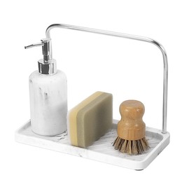 zccz Sponge Holder - Kitchen Sink Organizer Tray Stainless Steel Dish Cloth Hanger Soap Dispenser Brush Holder Caddy, White Marble Look