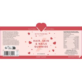 Myvitamins Hair, Skin and Nails Gummies – Biotin Hair Growth, Zinc & Vitamin C – Hair Vitamins for Women & Men – Hair Growth & Skin Support – Double Layer Cherry Heart – 60 Vegan Chewable Supplements
