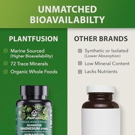 PlantFusion Complejo de magnesio vegano de 375 mg de agua de mar, magnesio marino biodisponible con mezcla de alimentos integrales orgánicos fermentad
