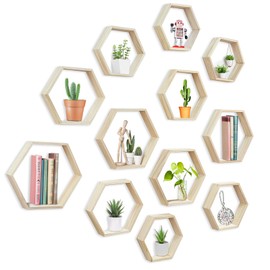 GUDELAK 12 Pcs Wooden Hexagon Shelves, 3 Size Versatile Honeycomb Shelves Hexagon Floating Shelves for Wall Wedding Table Centerpieces Home Living Room Bedroom (11inch, 9.7inch, 8.5inch)