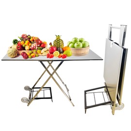 BIFCIOFH Outdoor Stainless Steel Folding Table with Wheels,Multifunctional Camping Table Cart 2 in 1,Portable Foldable Table Trolley for Picnic,Camp,Exhibition and Carrying