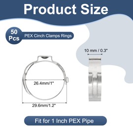 PATIKIL 1 Inch PEX Crimp Rings, 50 Pack Single Ear Hose Clamps Stainless Steel Cinch Crimp Ring Pinch Clamps for Pex Tubing Pipe Fitting Connections, Silver