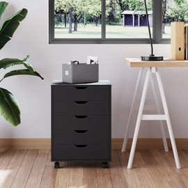 DEVAISE 5-Drawer Chest, Wood Storage Dresser Cabinet with Wheels, Black