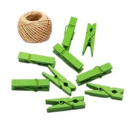 100 Colored Wooden Mini Pegs Clothespins Craft Photo Clips with 20 meters Jute Twine for Craft Rustic Decoration (Green)