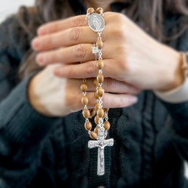 Miraculous Medal Rosary - 22.5" Olive Wood Rosary Necklace From The Holy Land Of Jerusalem - Catholic Wooden Rosary With Wooden Rosary Beads, Crucifix & Miraculous Medal