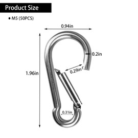 50PCS M5 Spring Snap Hook Carabiner, Heavy Duty Galvanized Steel Carabiner Clip, 200LBS Holding Capacity Spring Clips for Hammock Swing Outdoor Travel