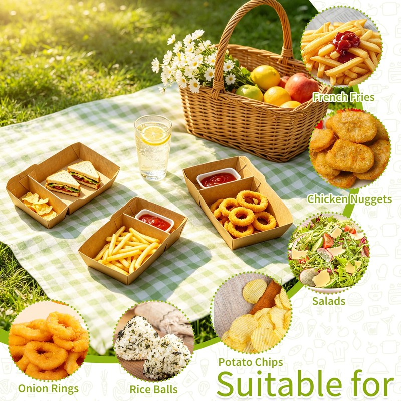 100 Pack Paper Food Serving Trays, 2 Compartment Nacho Boat