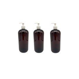 3 Pack 32 oz - Amber Boston Plastic Bottles - White Pump- for Essential Oils, Perfumes, Cleaning Products - Made in the USA - by Natural Farms