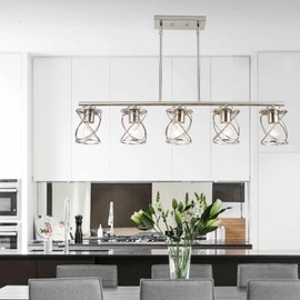 mavcadonf Kitchen Island Light, 5-Light Dining Room Lighting Fixtures Hanging, Farmhouse Linear Pendant Light for Kitchen Island Table Living Room with Adjustable Rods, Brushed Nickel