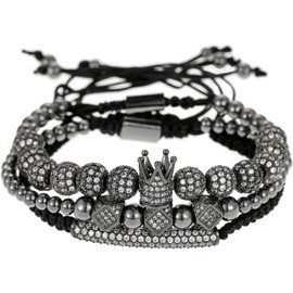 MollyQueen Imperial Crown King 18K Gold CZ Beads Bracelets Luxury Charm Fashion Bangle Royal Stacked Bracelet Set for Men Women With Luxury Box (3PCS L - Black)